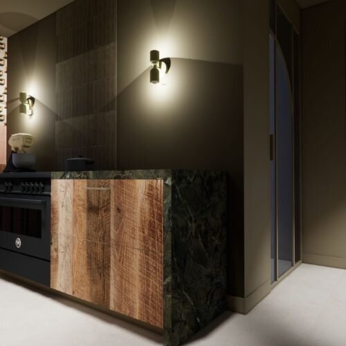 Eiken barnwood keukenfronten met groen keramisch blad Eiken barnwood keukenfronten met groen keramisch blad