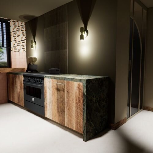 Eiken barnwood keukenfronten met groen keramisch blad Maatwerk keuken visualisaties - Robuust Maatwerk uit Limburg Nederland - Complete keukens vervaardigen op maat