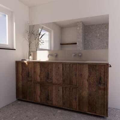 _Badkamermeubel Japandi design barnwood - Robuust Maatwerk (3) Badkamermeubel van eiken barnwood - Japandi design - Renders van Robuust Maatwerk uit Limburg