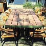Groene tuintafel met afgerond design - camaru hout - Olijfgroende tuintafel - Robuust Maatwerk uit Limburg Nederland