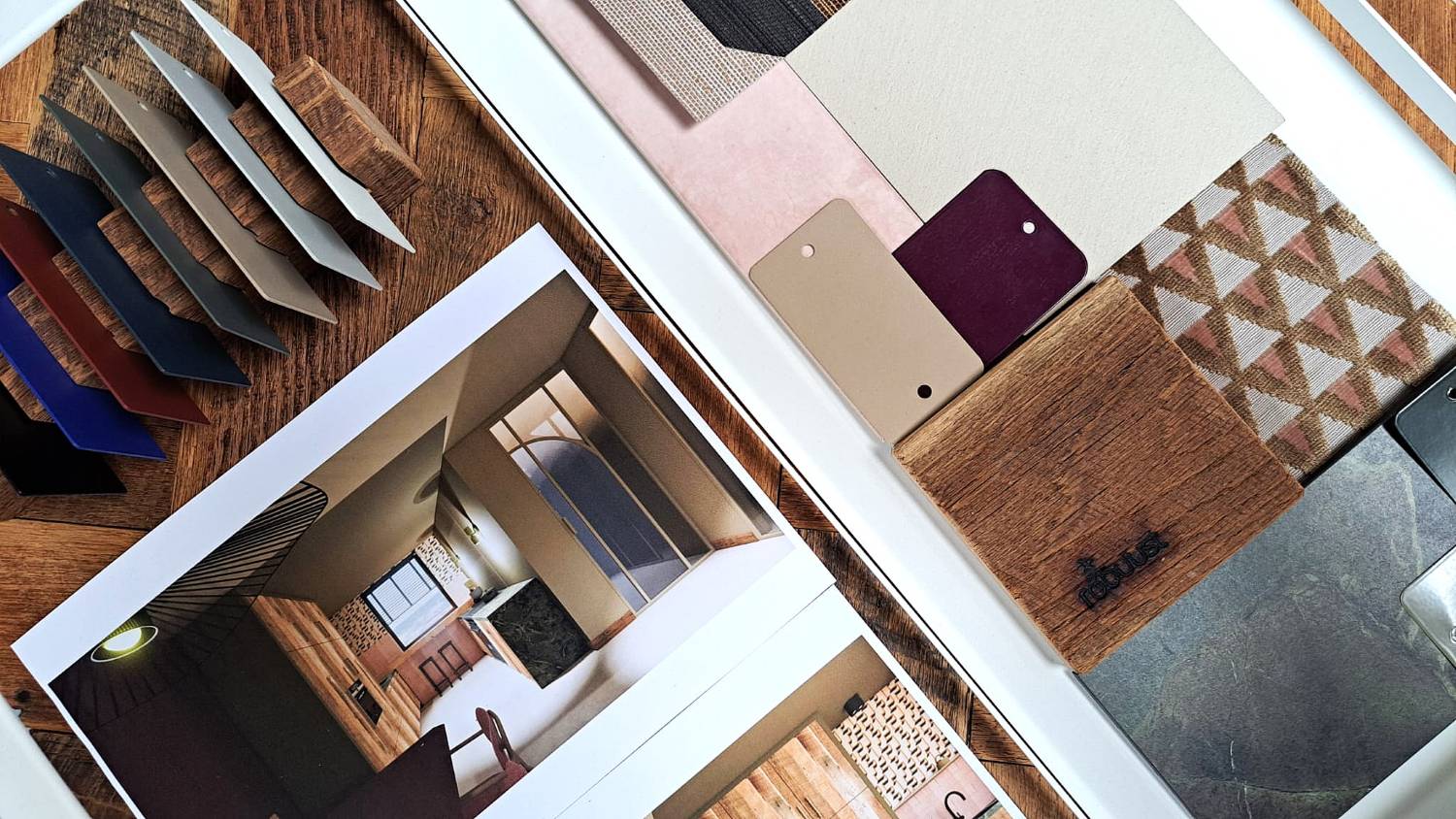 Moodboard voor keuken - keramiek, staal, behang, barnwood, verf, stof - Robuust Maatwerk