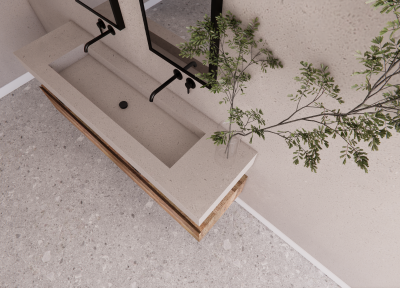 Render badkamermeubel barnwood met Mortex wastafel (1) Maatwerk badkamermeubel van eiken barnwood en mortex wastafel - Robuust Maatwerk uit Limburg Nederland