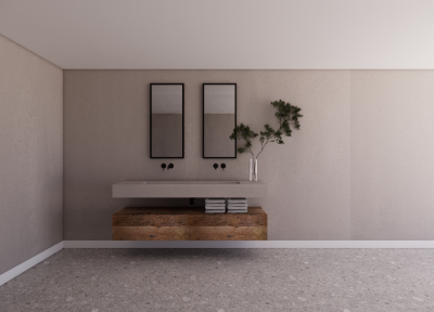 Render badkamermeubel barnwood met Mortex wastafel (2) Maatwerk badkamermeubel van eiken barnwood en mortex wastafel - Robuust Maatwerk uit Limburg Nederland