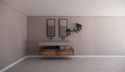 Render badkamermeubel barnwood met Mortex wastafel (2) Maatwerk badkamermeubel van eiken barnwood en mortex wastafel - Robuust Maatwerk uit Limburg Nederland