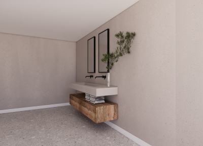 Render badkamermeubel barnwood met Mortex wastafel (3) Maatwerk badkamermeubel van eiken barnwood en mortex wastafel - Robuust Maatwerk uit Limburg Nederland