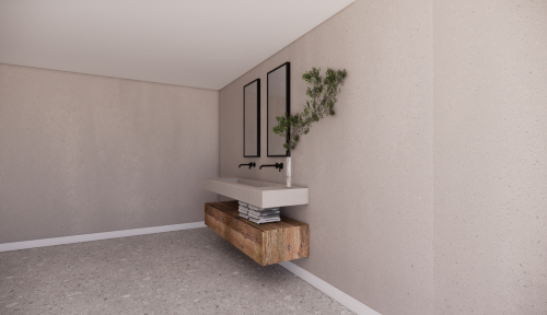 Render badkamermeubel barnwood met Mortex wastafel (3) Maatwerk badkamermeubel van eiken barnwood en mortex wastafel - Robuust Maatwerk uit Limburg Nederland