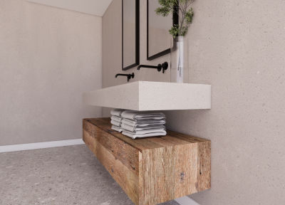 Render badkamermeubel barnwood met Mortex wastafel (4) Maatwerk badkamermeubel van eiken barnwood en mortex wastafel - Robuust Maatwerk uit Limburg Nederland