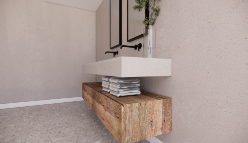 Render badkamermeubel barnwood met Mortex wastafel (4) Maatwerk badkamermeubel van eiken barnwood en mortex wastafel - Robuust Maatwerk uit Limburg Nederland
