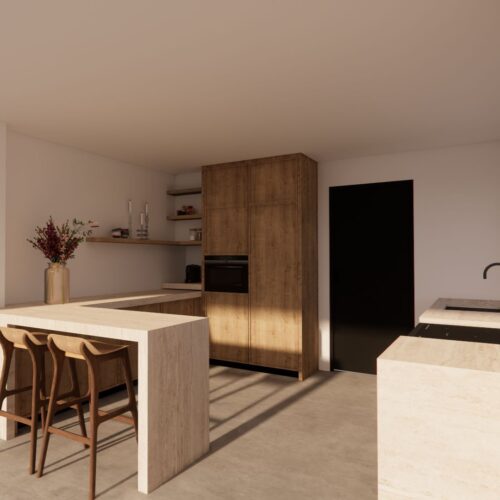 _Render maatwerk keuken nieuw eiken met kader en keramieken travertin aanrecht 01 Render maatwerk keuken nieuw eiken met kader en keramieken travertin aanrecht - Massief houten keuken