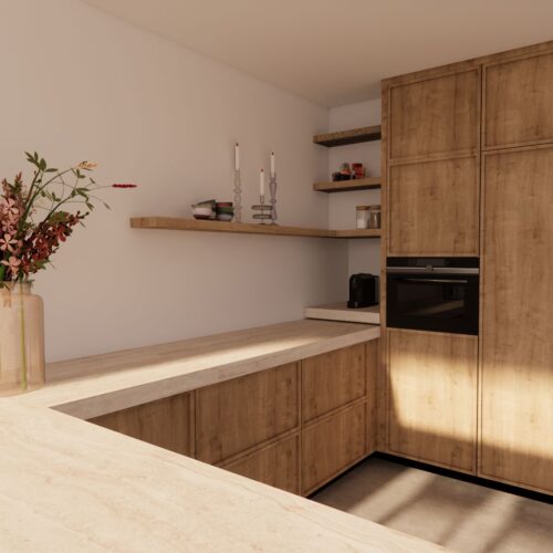 _Render maatwerk keuken nieuw eiken met kader en keramieken travertin aanrecht 02 Render maatwerk keuken nieuw eiken met kader en keramieken travertin aanrecht - Massief houten keuken