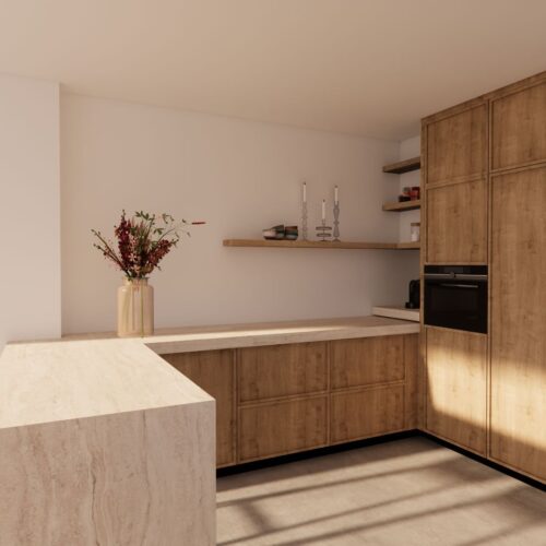 _Render maatwerk keuken nieuw eiken met kader en keramieken travertin aanrecht 03 Render maatwerk keuken nieuw eiken met kader en keramieken travertin aanrecht - Massief houten keuken