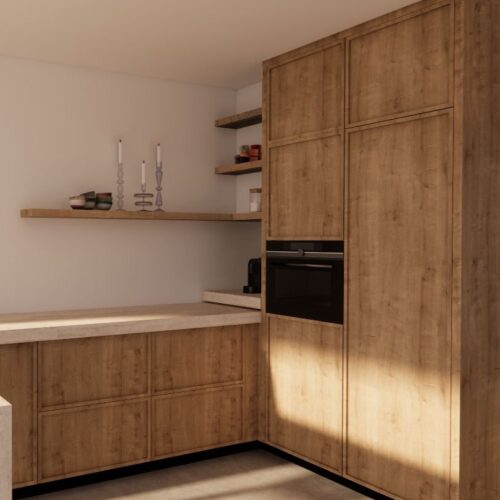 Render maatwerk keuken nieuw eiken met kader en keramieken travertin aanrecht 04 Render maatwerk keuken nieuw eiken met kader en keramieken travertin aanrecht - Massief houten keuken