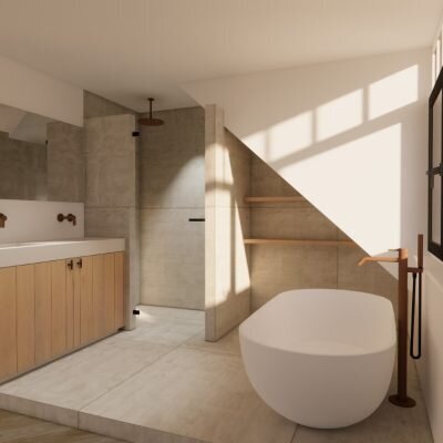 Render nieuw eiken badkamermeubel - Robuust Maatwerk 03 Badkamermeubel renders - Badkamer interieur inspiratie - Robuust Maatwerk uit Limburg Nederland