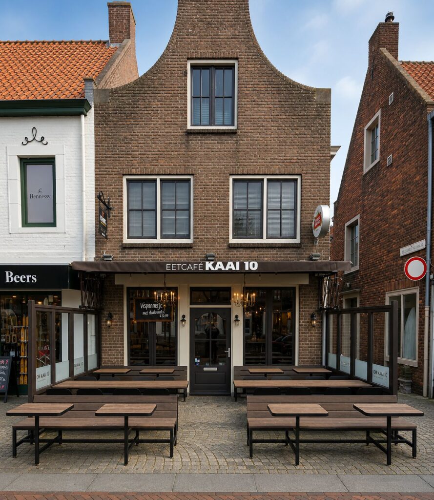 Terrasbanken voor Kaai10 in Sluis - Thermo essen en staal - Kussens op maat - Robuust Maatwerk uit Limburg Nederland